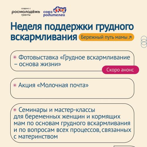 План мероприятий проекта «Неделя поддержки Грудного Вскармливания — Бережный путь мамы»